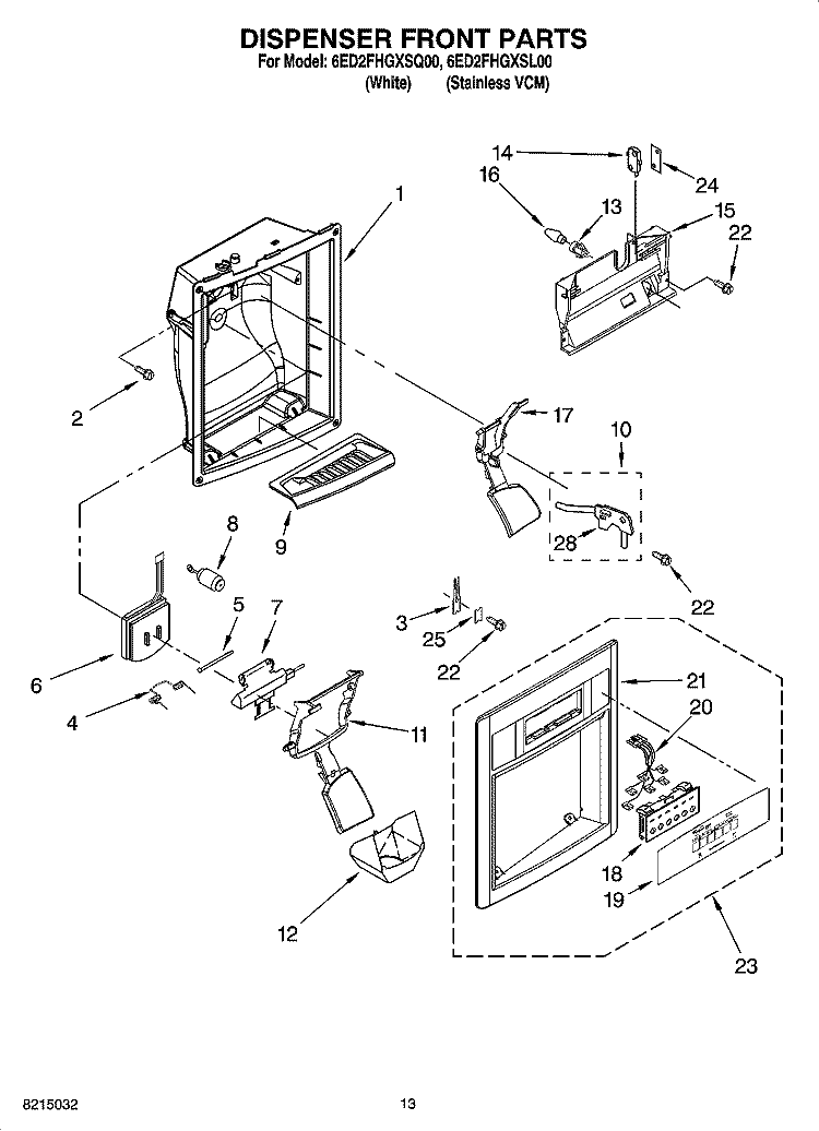 DISPENSER FRONT PARTS Diagram and Parts List for 6ED2FHGXSL00  Whirlpool Refrigerator