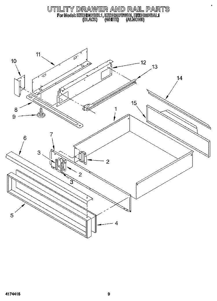 UTILITY DRAWER AND RAIL Diagram and Parts List for KEDH207BAL1  KitchenAid Range