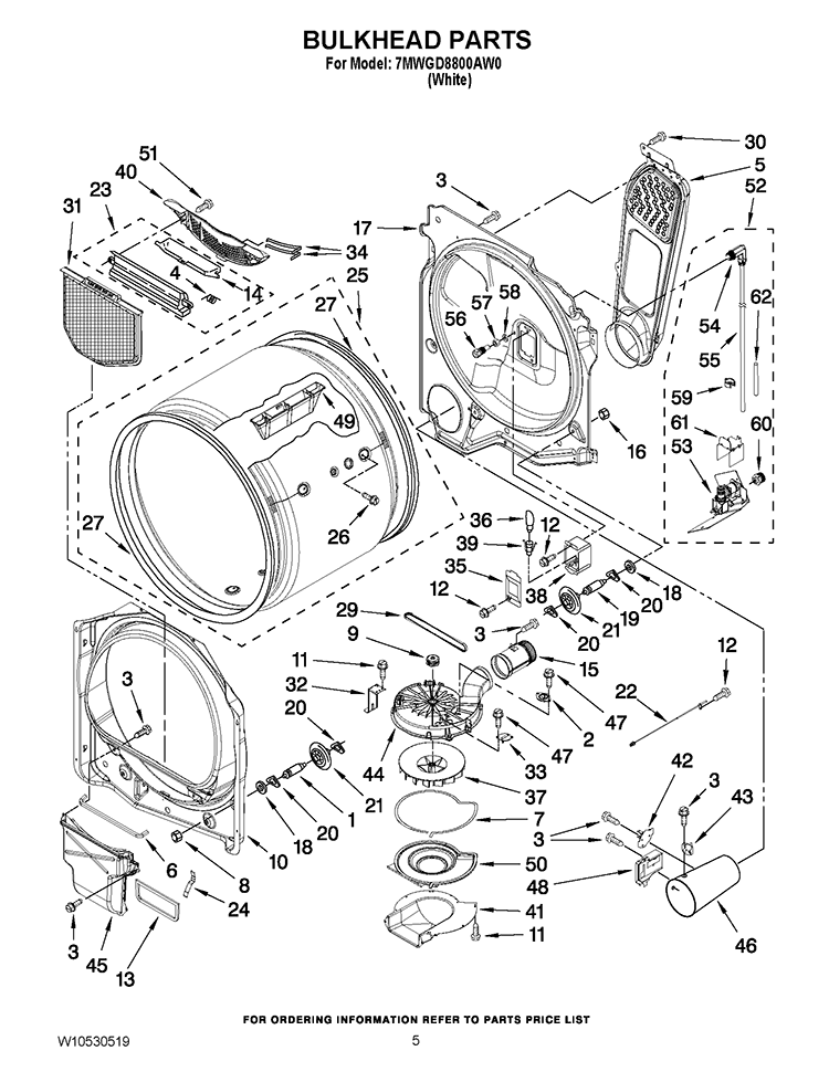 BULKHEAD PARTS Diagram and Parts List for 7MWGD8800AW0  Whirlpool Dryer
