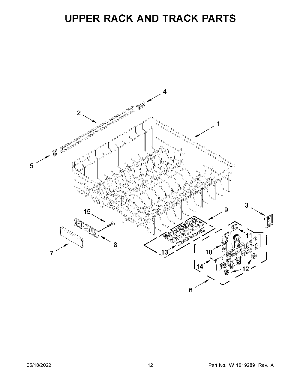 Upper Rack And Track Parts Diagram and Parts List for KDTE104KPS1  KitchenAid Dishwasher