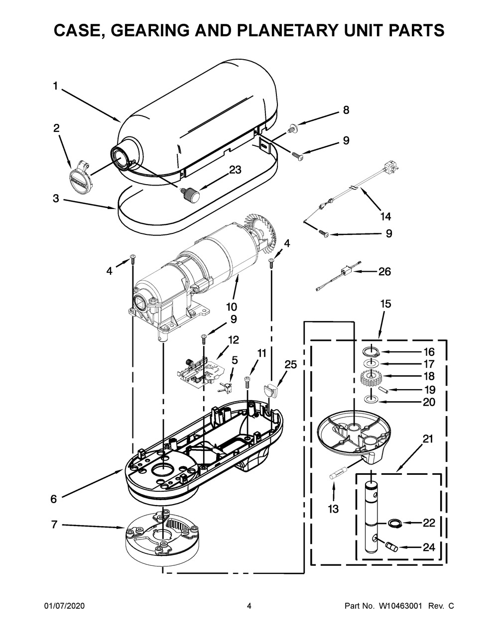 Case, Gearing And Planetary Unit Parts Diagram and Parts List for 5KSM7591XBSL0  Whirlpool Mixer