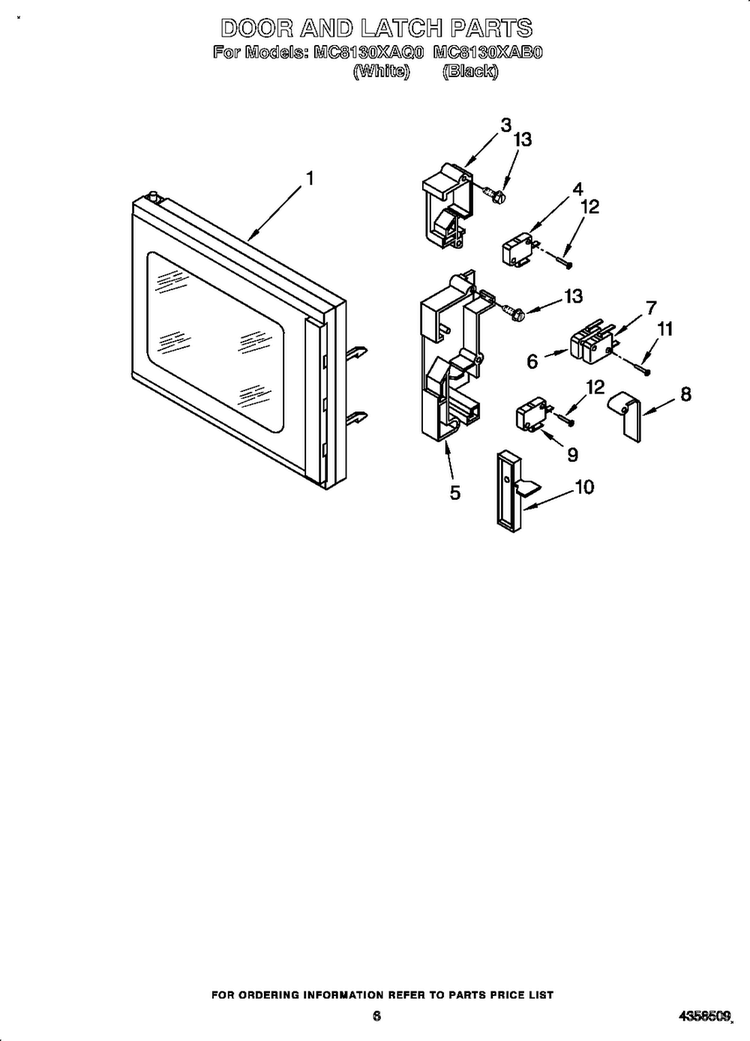 Door And Latch Diagram and Parts List for MC810XAB0  Whirlpool Microwave