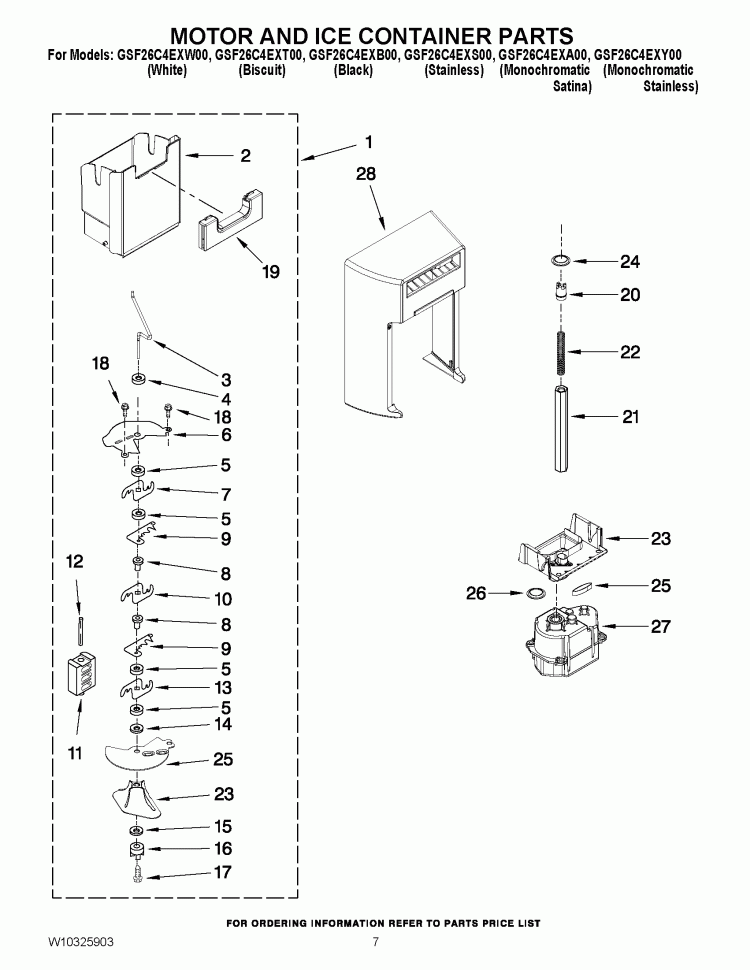 MOTOR AND ICE CONTAINER PARTS Diagram and Parts List for GSF26C4EXW00  Whirlpool Refrigerator