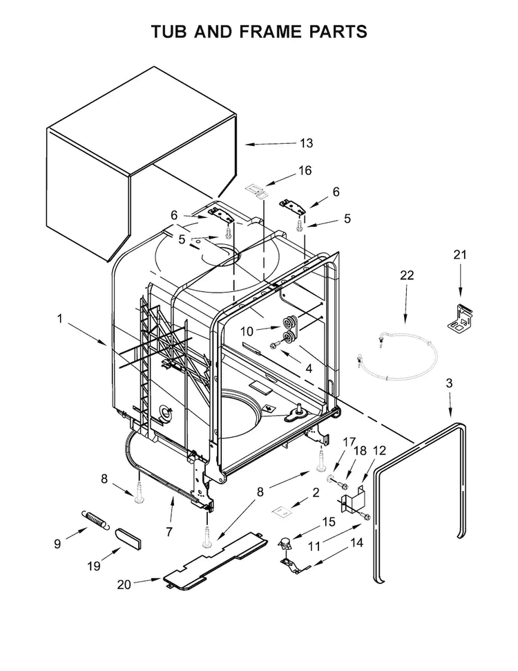 Tub And Frame Parts Diagram and Parts List for WDF320PADB3  Whirlpool Dishwasher