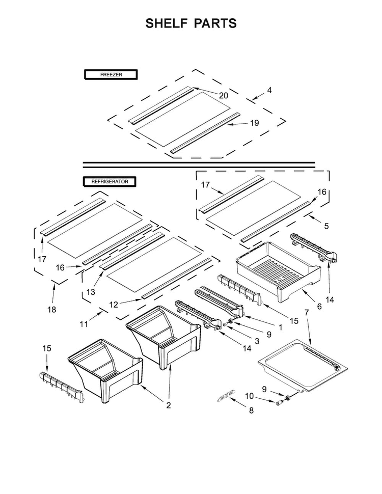 Shelf Parts Diagram and Parts List for WRT318FZDW01  Whirlpool Refrigerator