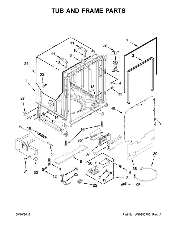Tub And Frame Parts Diagram and Parts List for KDTM804ESS1  KitchenAid Dishwasher