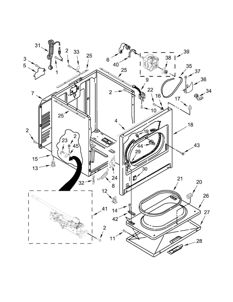 Cabinet Parts Diagram and Parts List for 7MWGD1900EW1  Whirlpool Dryer