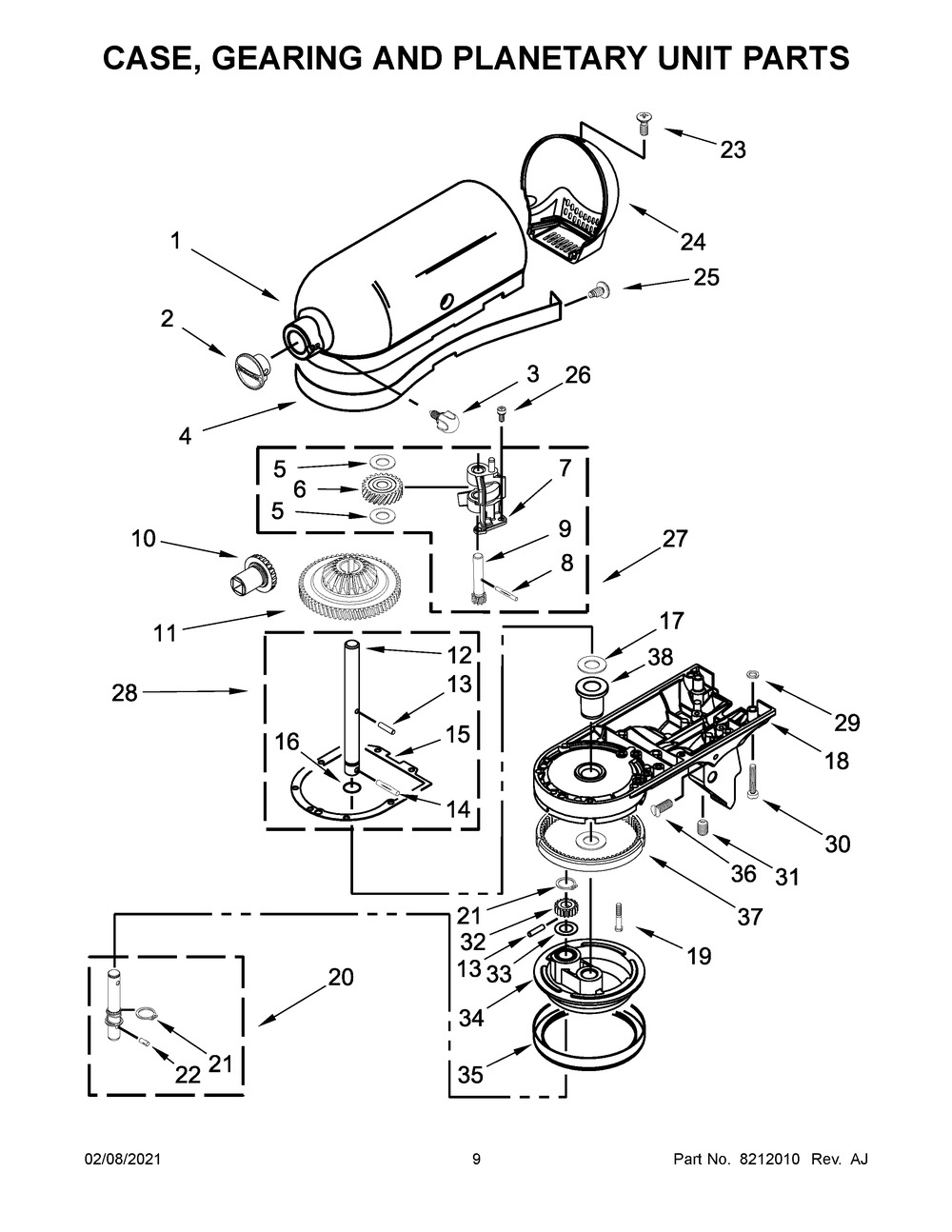 Case, Gearing And Planetary Unit Parts Diagram and Parts List for KSM150PSFT0  Whirlpool Mixer