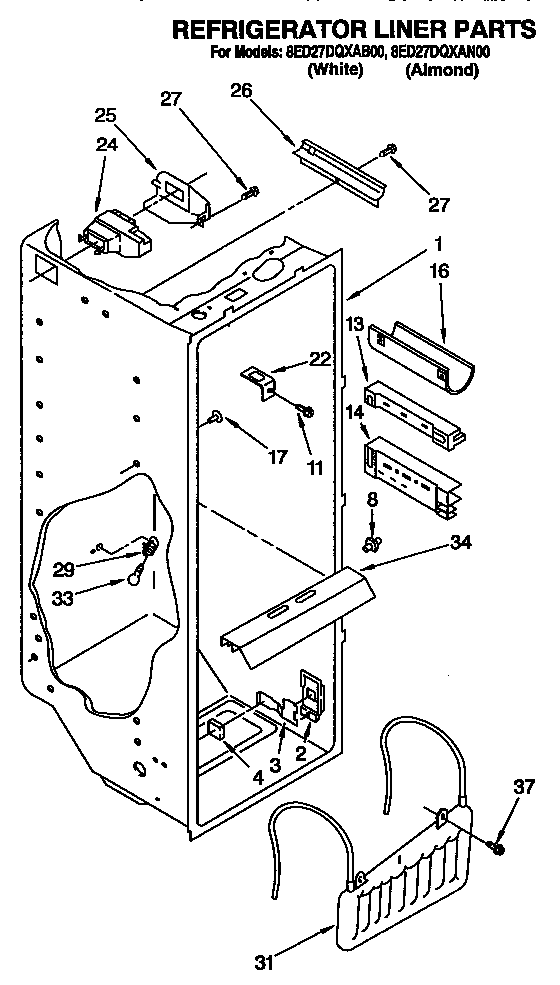 Refrigerator Liner Diagram and Parts List for 8ED27DQXAB00  Whirlpool Refrigerator