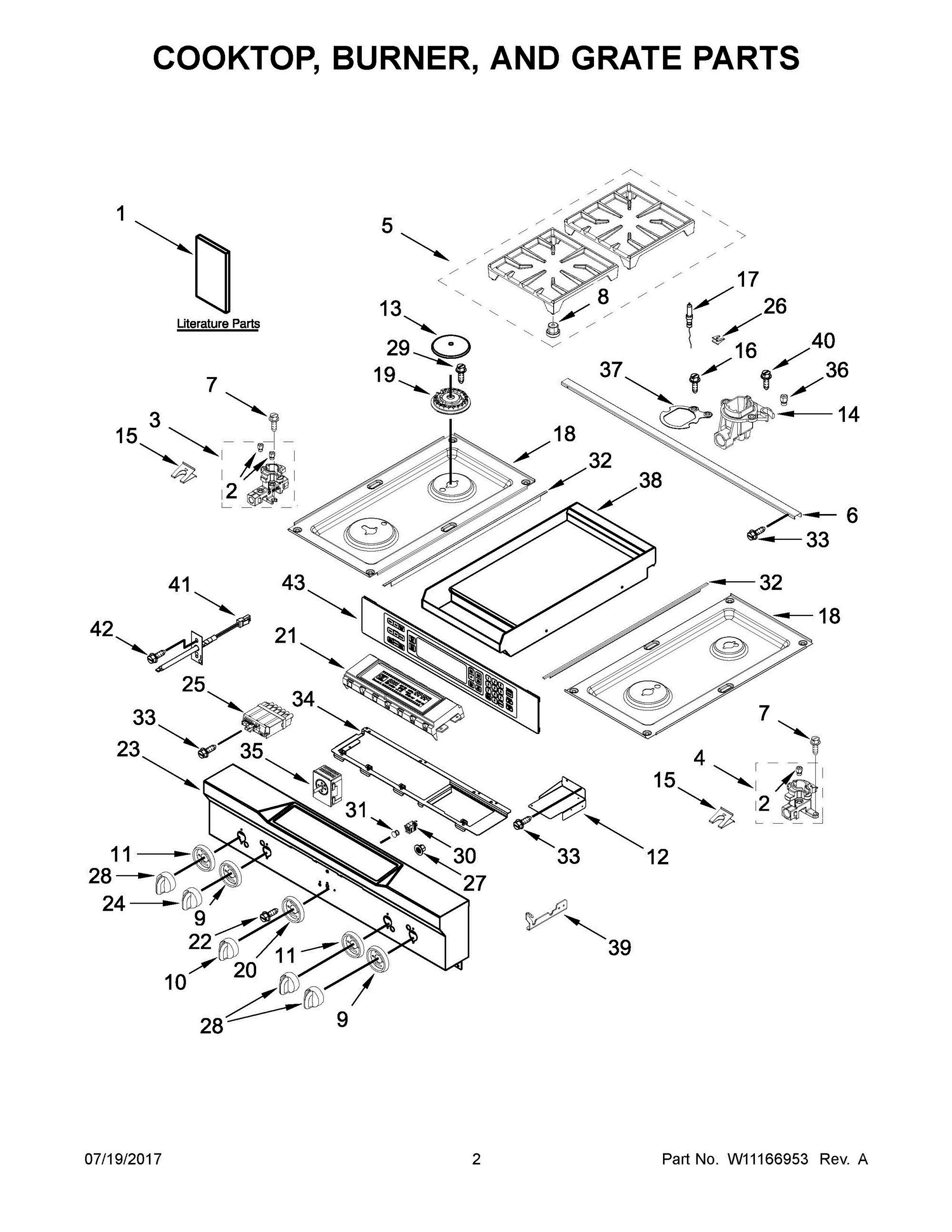 02 - COOKTOP, BURNER, AND GRATE PARTS Diagram and Parts List for KDRS463VMW01  Whirlpool Range