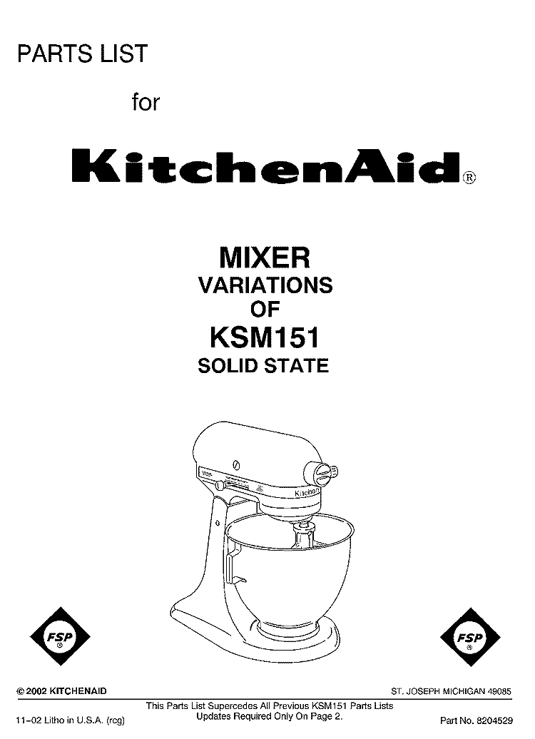FRONT COVER Diagram and Parts List for KSM151  KitchenAid Mixer
