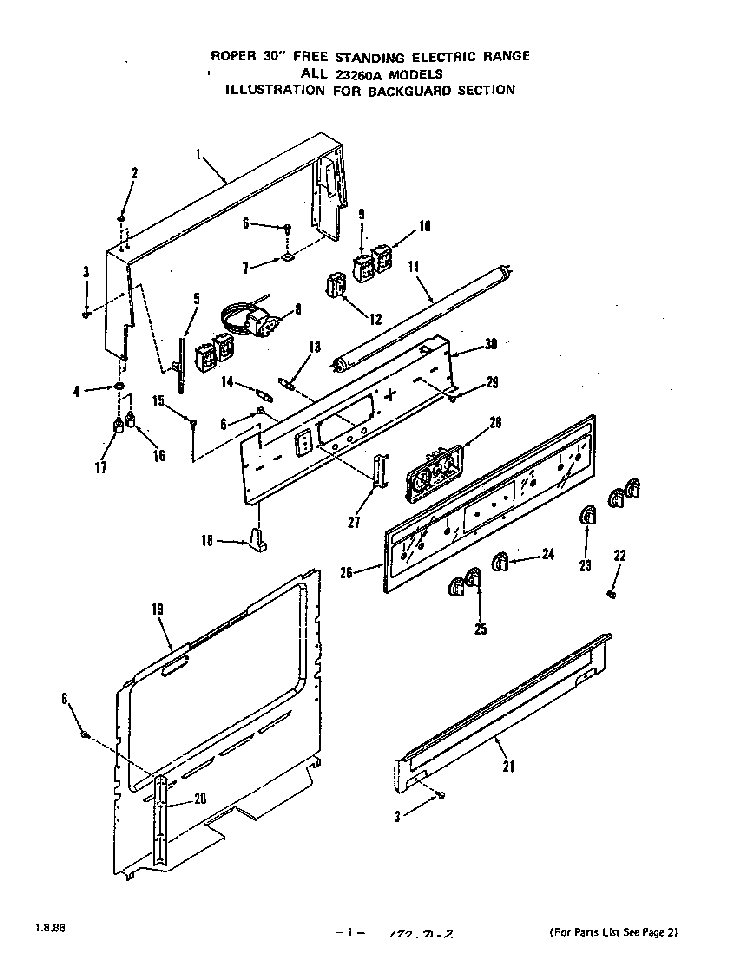 Backguard Diagram and Parts List for 2326*0A  Roper Range