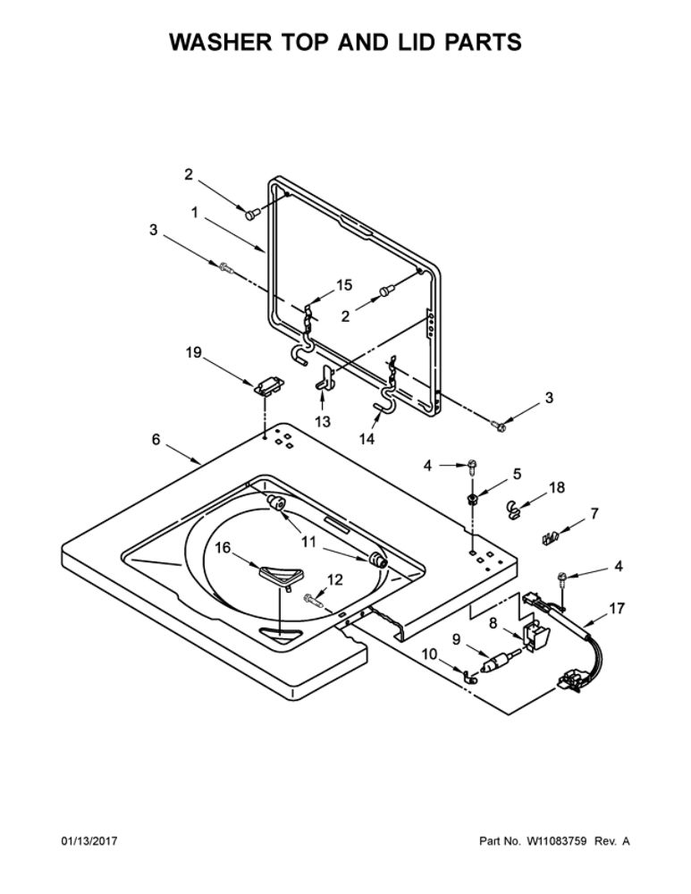 Washer Top And Lid Parts Diagram and Parts List for WGT4027EW1  Whirlpool Washer Dryer Combo