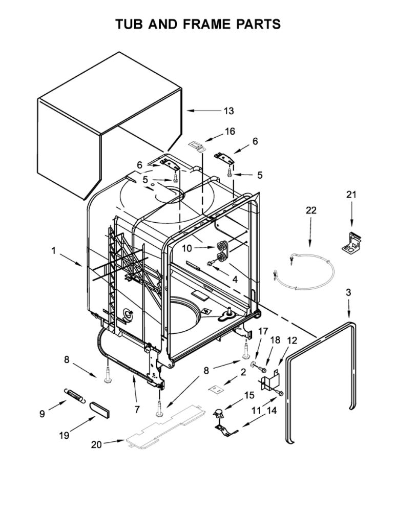 Tub And Frame Parts Diagram and Parts List for WDF330PAHW2  Whirlpool Dishwasher