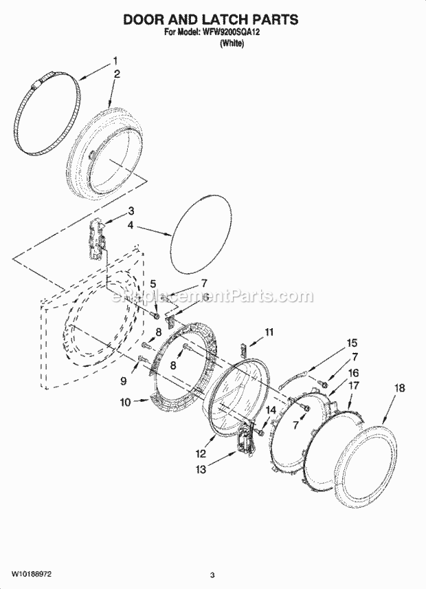Door And Latch Parts Diagram and Parts List for WFW9200SQA12  Whirlpool Washer