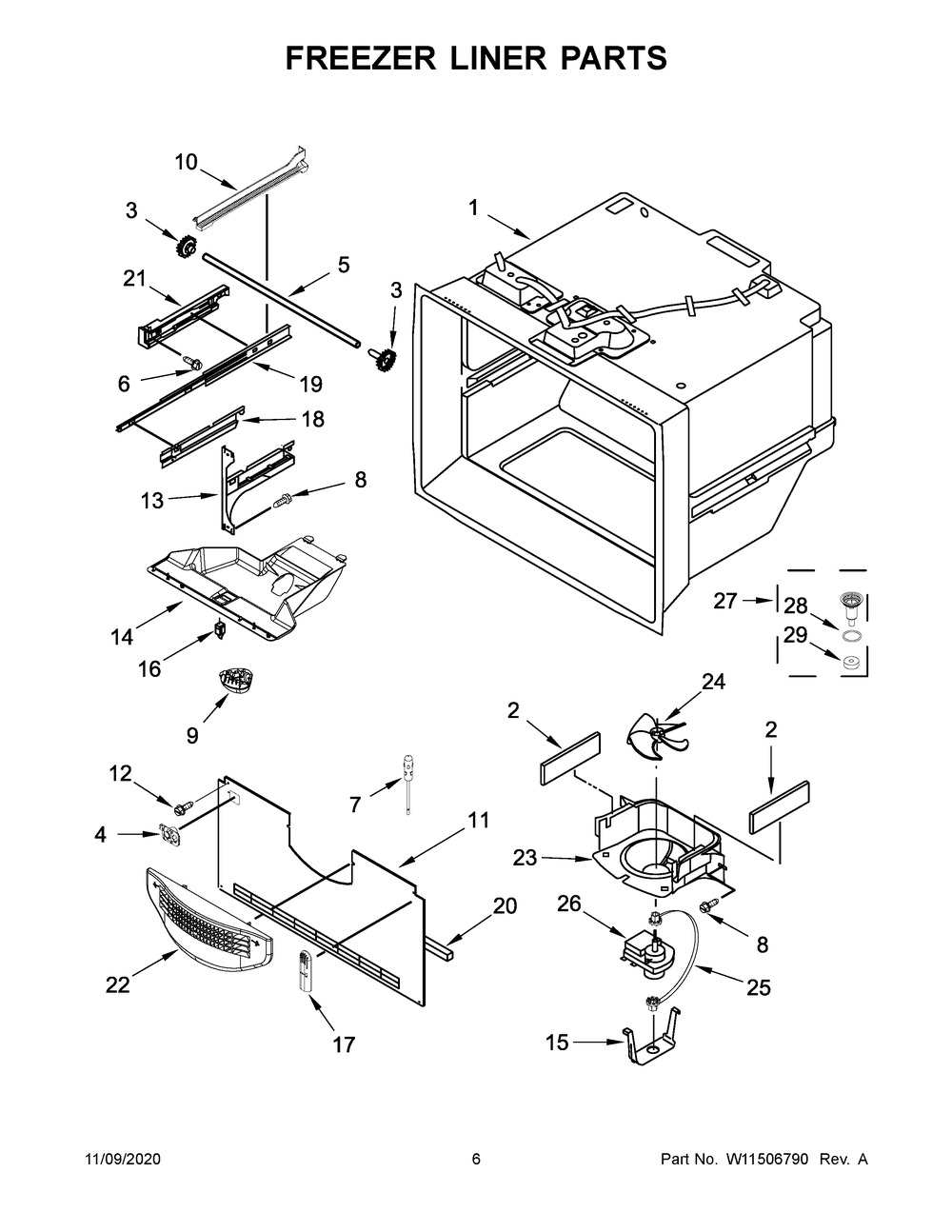 Freezer Liner Parts Diagram and Parts List for ABB1924BRM02  Whirlpool Refrigerator