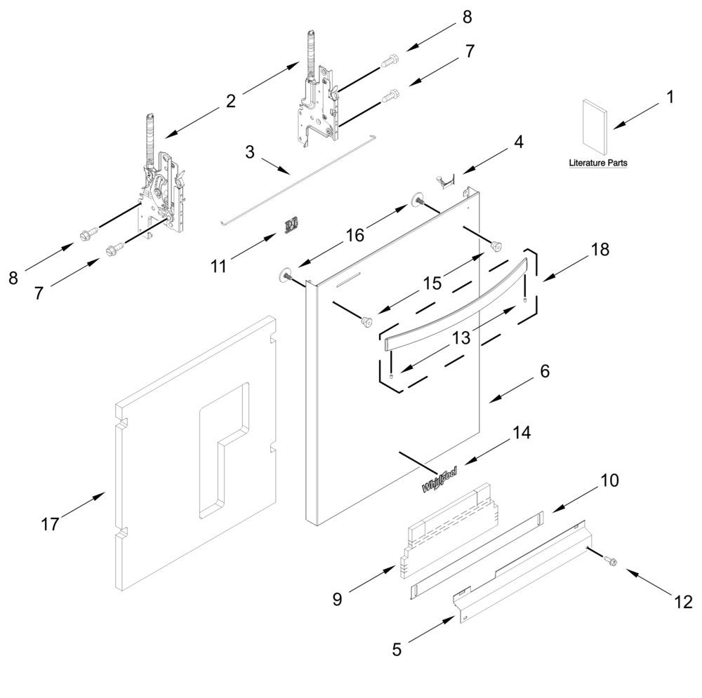 Door And Panel Parts Diagram and Parts List for WDTS8024SZ0,WDTS8024SV0  Whirlpool Dishwasher