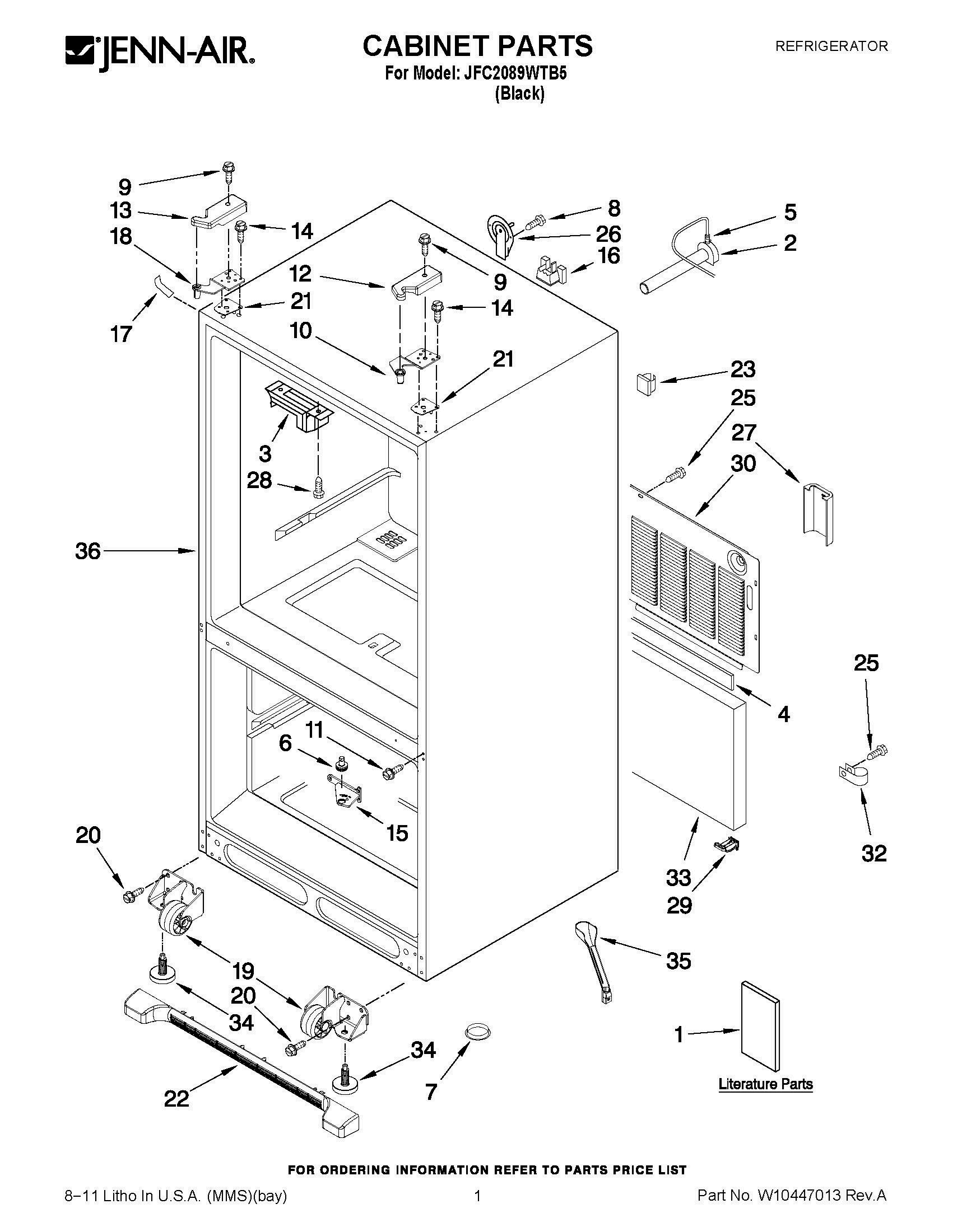 01 - CABINET PARTS Diagram and Parts List for JFC2089WTB5  Whirlpool Refrigerator