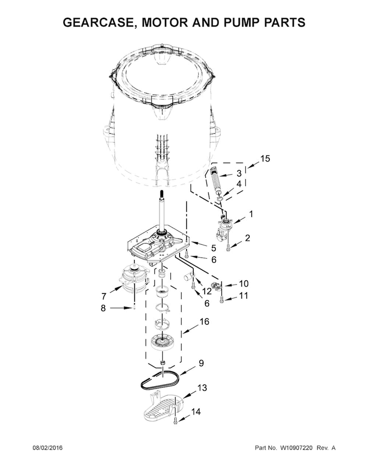 Gearcase, Motor And Pump Parts Diagram and Parts List for 11022532511  Kenmore Washer