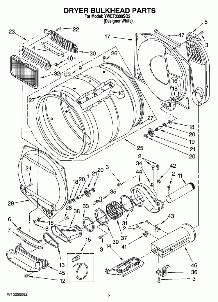 DRYER BULKHEAD PARTS Diagram and Parts List for YWET3300SQ2  Whirlpool Washer Dryer Combo