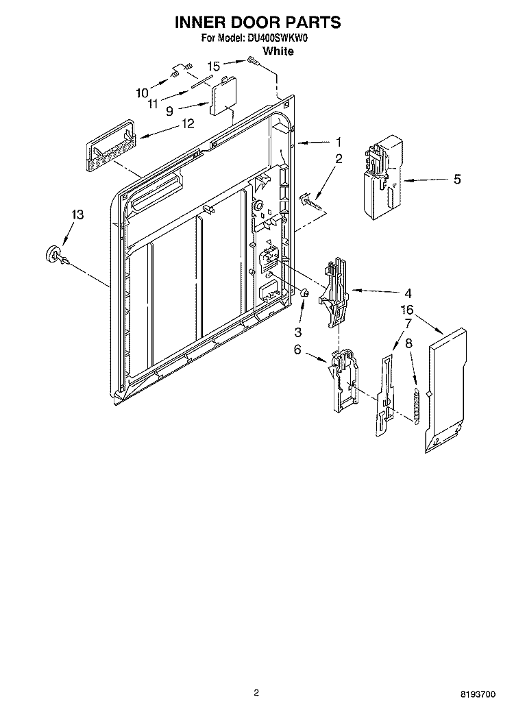 INNER DOOR Diagram and Parts List for DU400SWKW0  Whirlpool Dishwasher