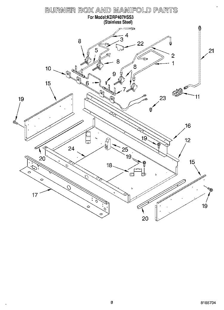 BURNER BOX AND MANIFOLD Diagram and Parts List for KDRP407HSS3  KitchenAid Range