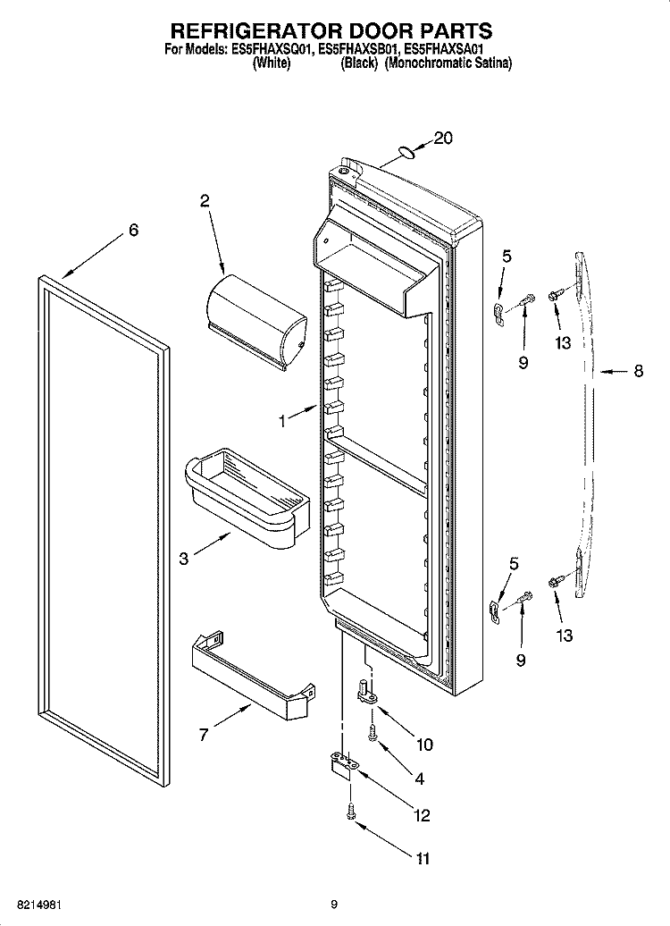 REFRIGERATOR DOOR PARTS Diagram and Parts List for ES5FHAXSQ01  Whirlpool Refrigerator