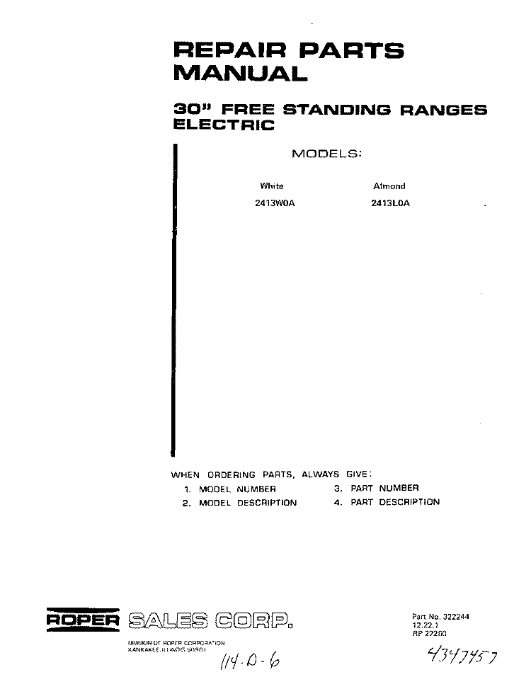 BACKGUARD AND MAIN TOP Diagram and Parts List for 2413W0A  Roper Range