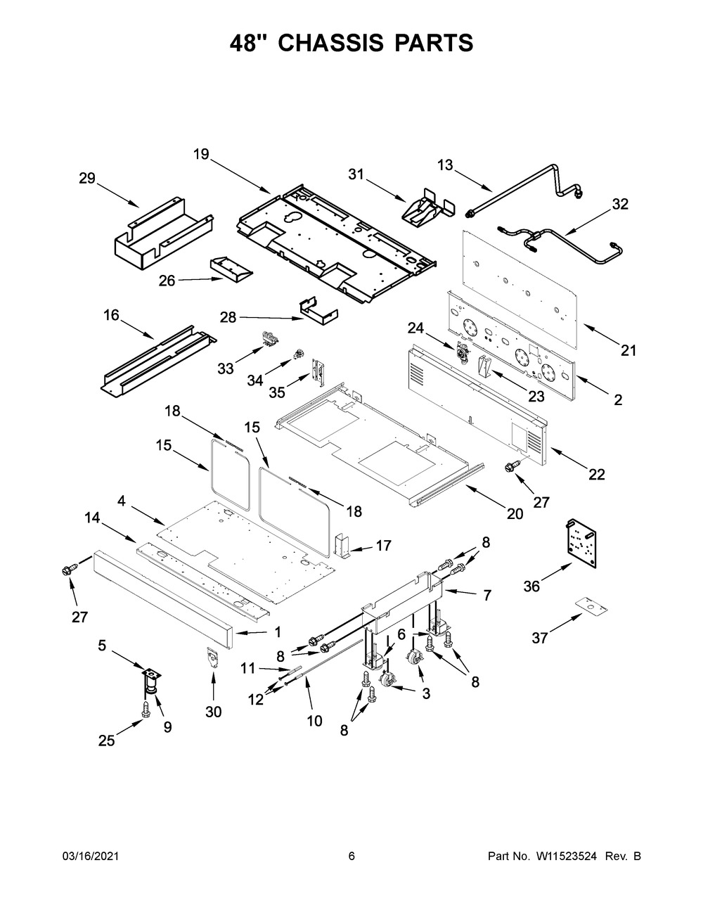 48 Inch Chassis Parts Diagram and Parts List for JGRP748HL01  Whirlpool Range