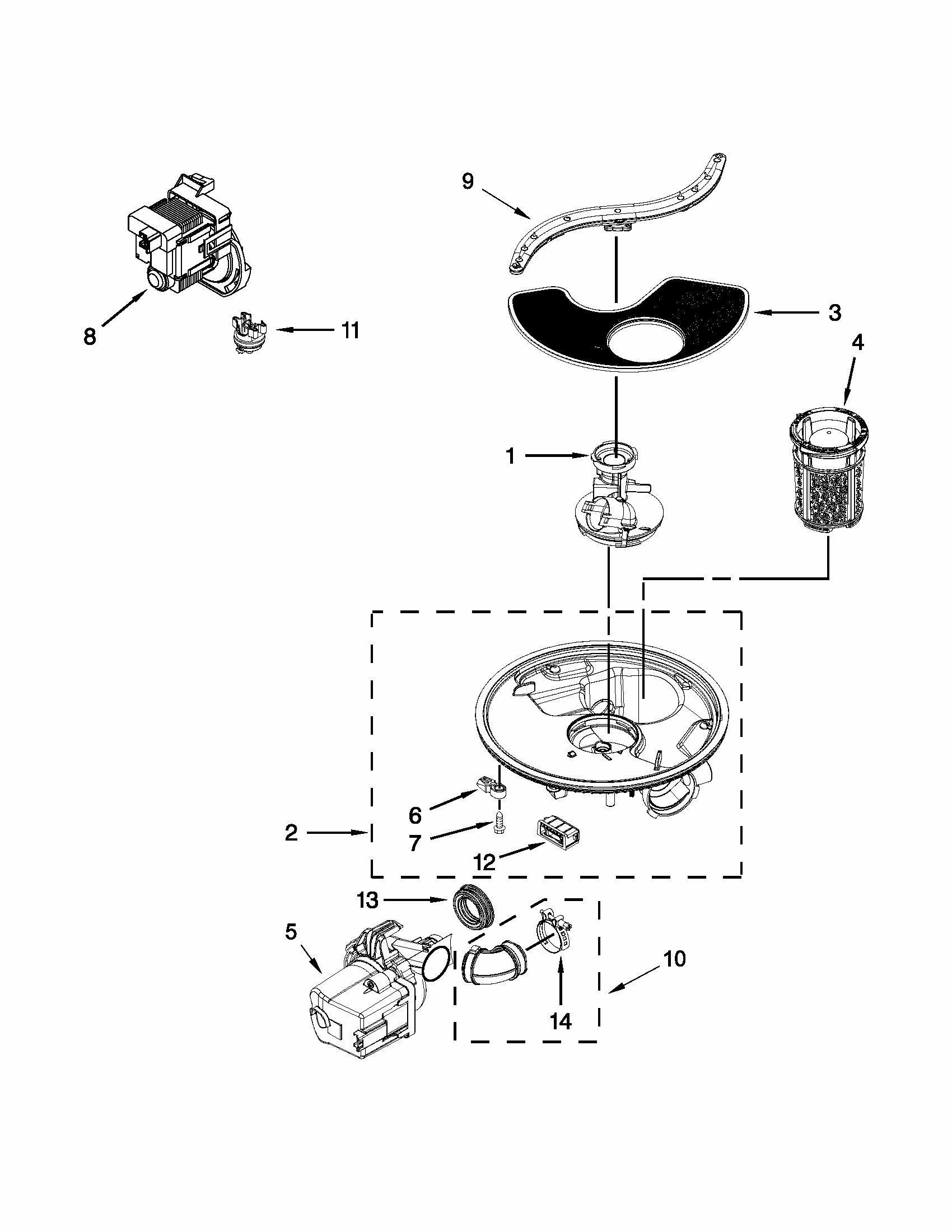 Pump, Washarm And Motor Parts Diagram and Parts List for 66517152K212  Kenmore Dishwasher