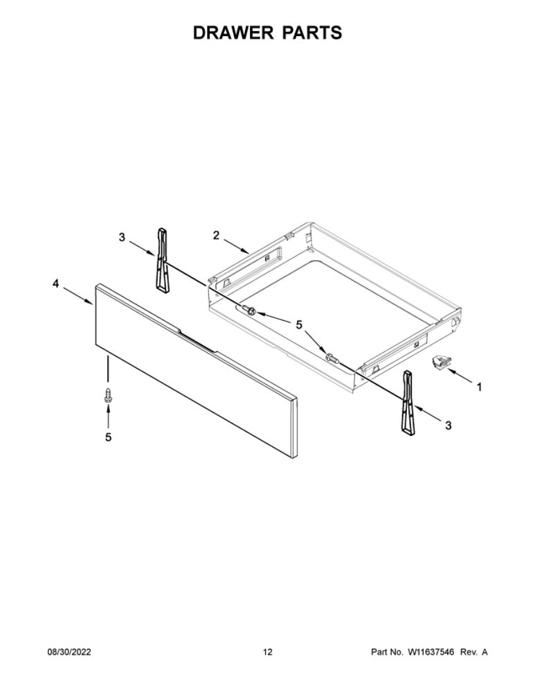 Drawer Parts Diagram and Parts List for WFG525S0JV5  Whirlpool Range