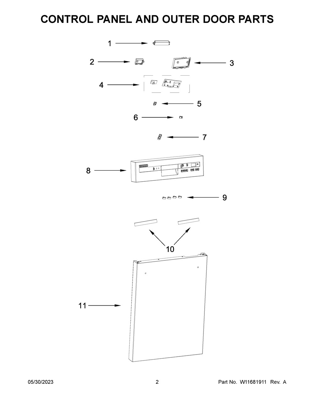 Control Panel And Outer Door Parts Diagram and Parts List for WDF518SAHB1  Whirlpool Dishwasher