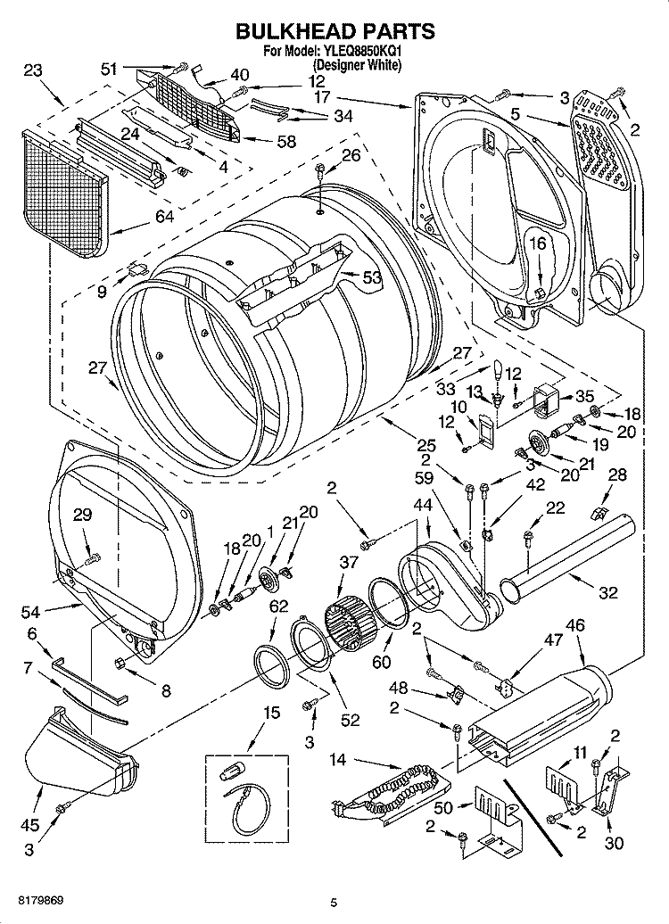 BULKHEAD PARTS Diagram and Parts List for YLEQ8850KQ1  Whirlpool Dryer