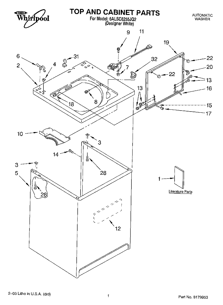 TOP AND CABINET PARTS Diagram and Parts List for 6ALSC8255JQ2  Whirlpool Washer