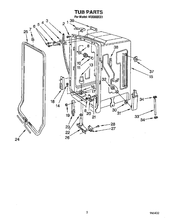 TUB Diagram and Parts List for WU0800XX1  Roper Dishwasher