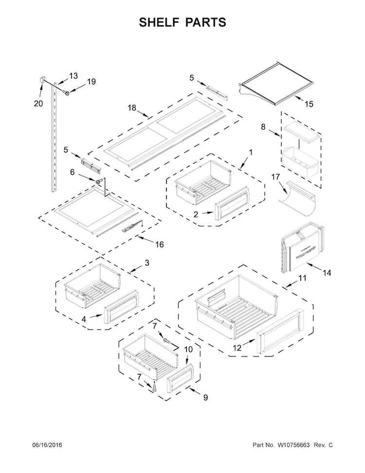 Shelf Parts Diagram and Parts List for KBFN506EPA00  KitchenAid Refrigerator