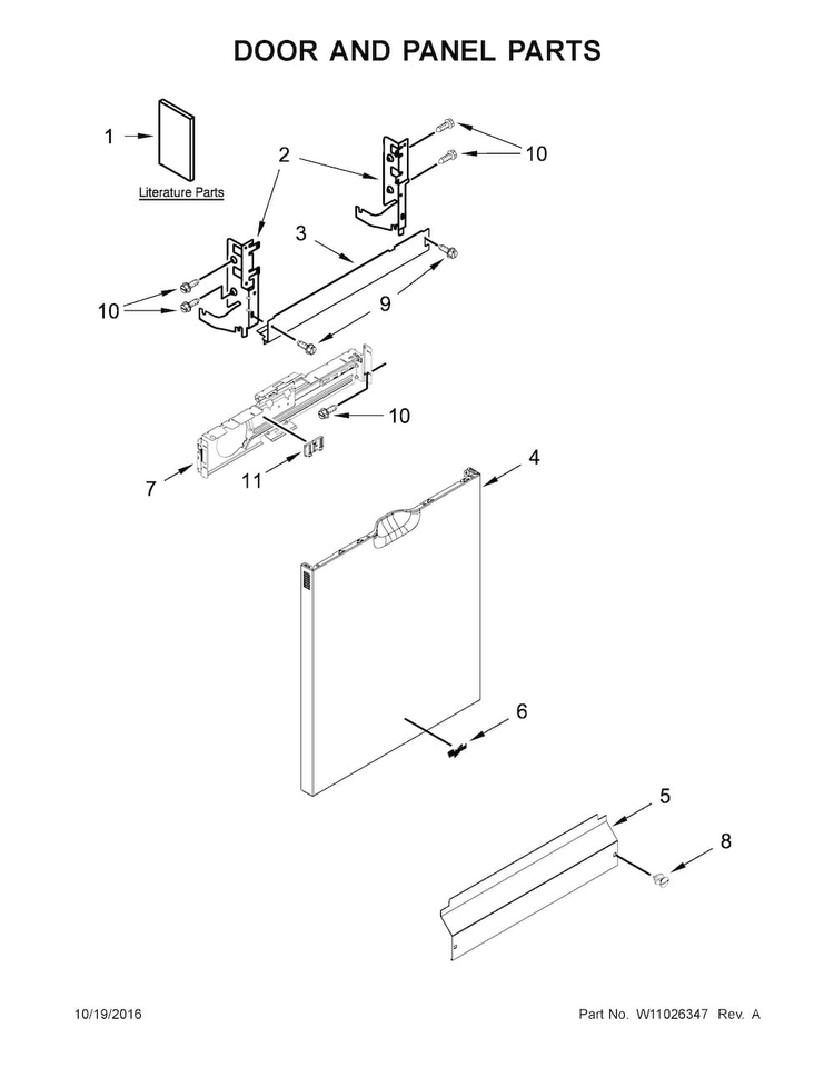 Door And Panel Parts Diagram and Parts List for WDF770SAFZ1  Whirlpool Dishwasher