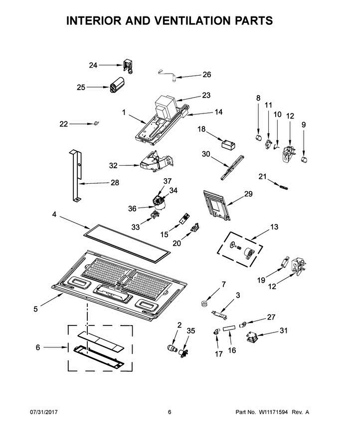04 - Interior And Ventilation Parts Diagram and Parts List for WMH73521CS7  Whirlpool Microwave Oven Combo
