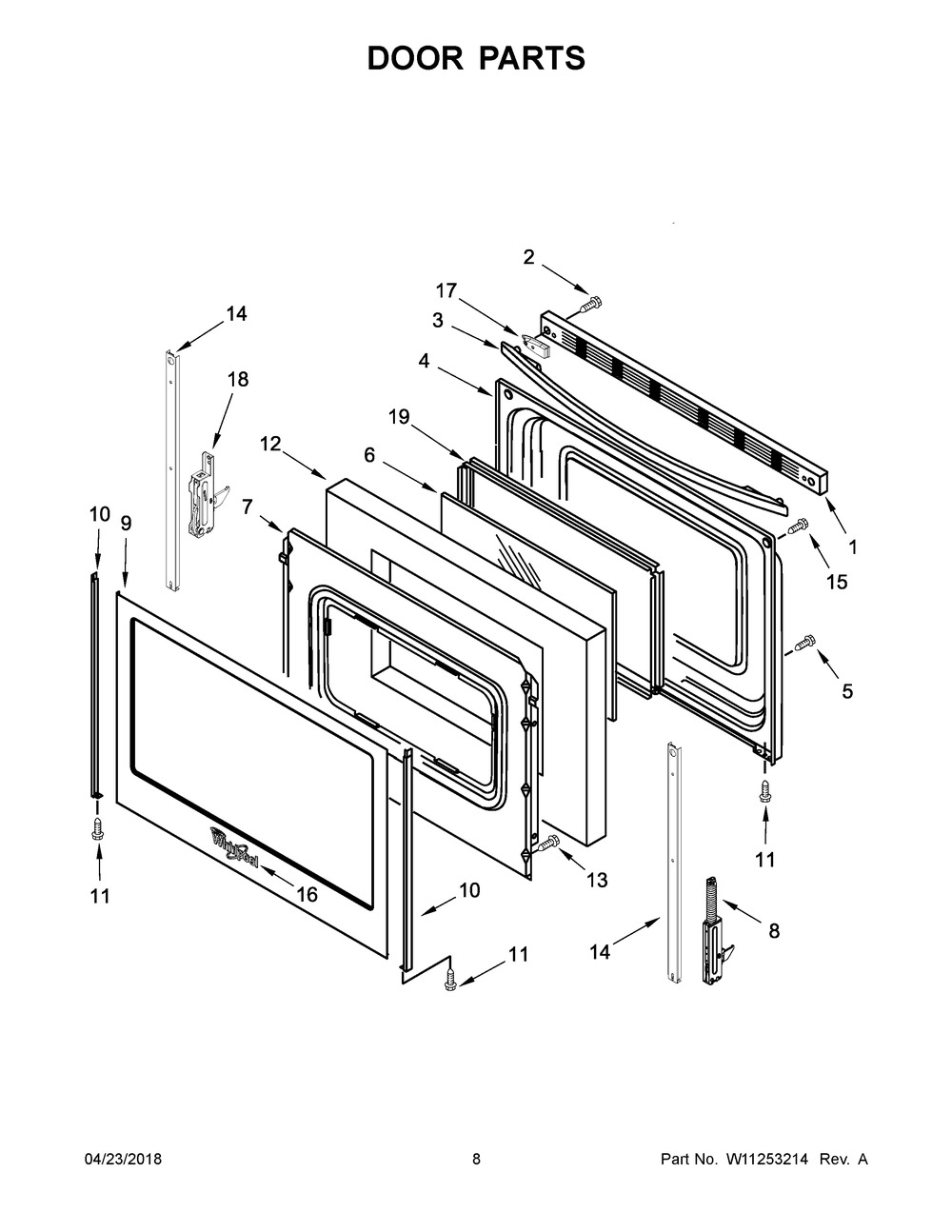 Door Parts Diagram and Parts List for WFE525S0HS1  Whirlpool Range