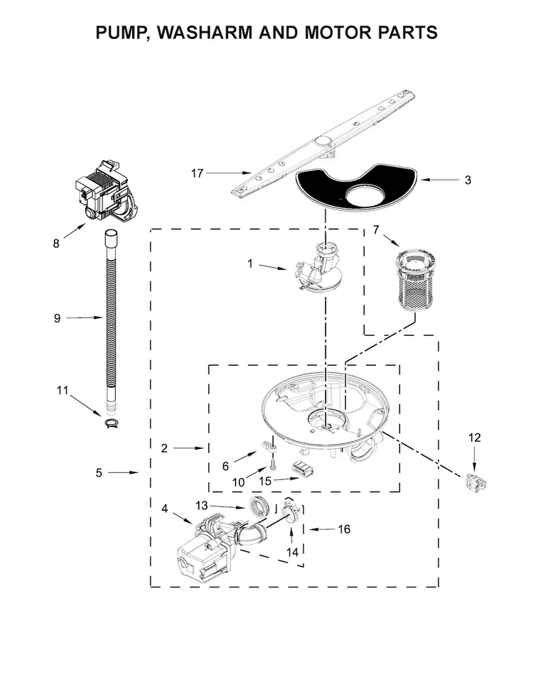 Pump, Washarm And Motor Parts Diagram and Parts List for WDF320PADB3  Whirlpool Dishwasher