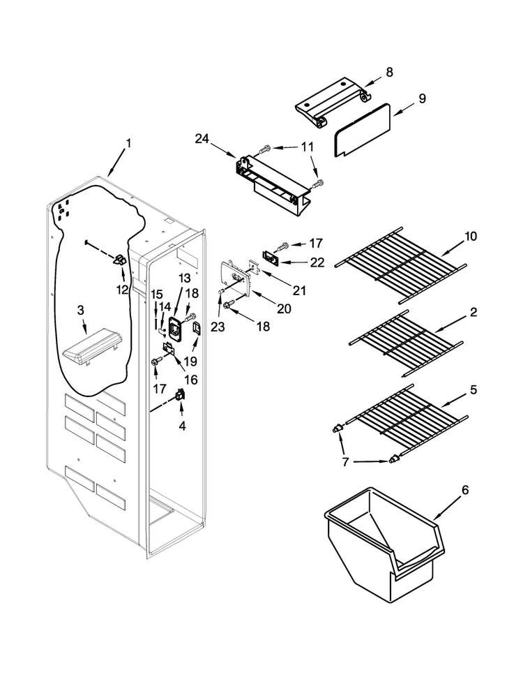 Freezer Liner Parts Diagram and Parts List for WRS342FIAB04  Whirlpool Refrigerator