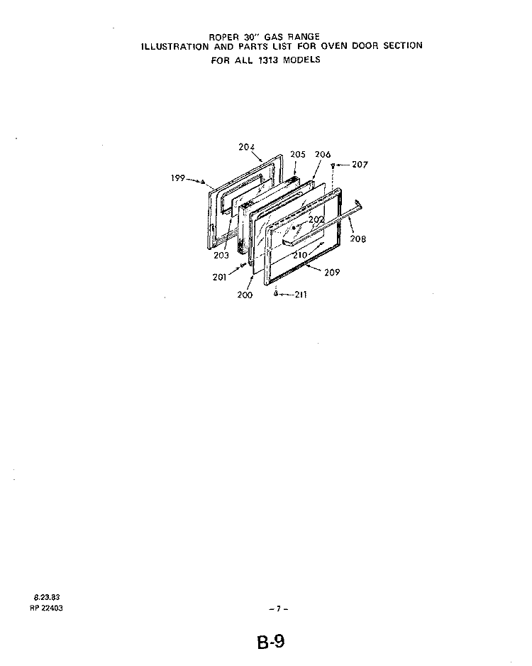 OVEN DOOR Diagram and Parts List for 1313^1A  Whirlpool Range