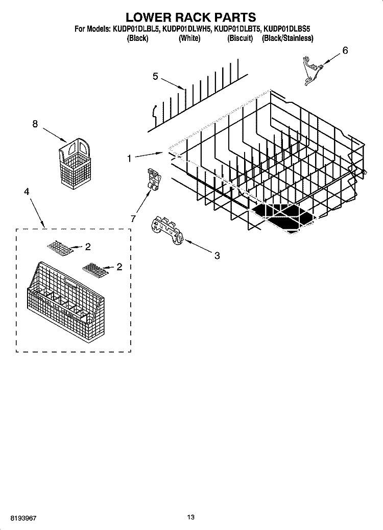 LOWER RACK PARTS Diagram and Parts List for KUDP01DLBL5  KitchenAid Dishwasher