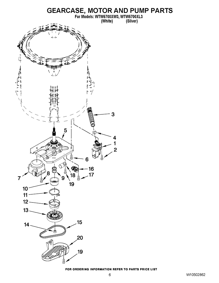 GEARCASE, MOTOR AND PUMP PARTS Diagram and Parts List for WTW5700XL3  Whirlpool Washer