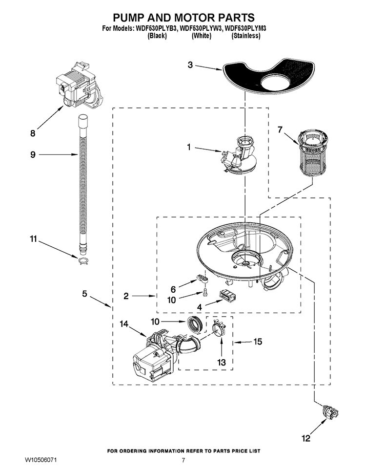 PUMP AND MOTOR PARTS Diagram and Parts List for WDF530PLYB3  Whirlpool Dishwasher