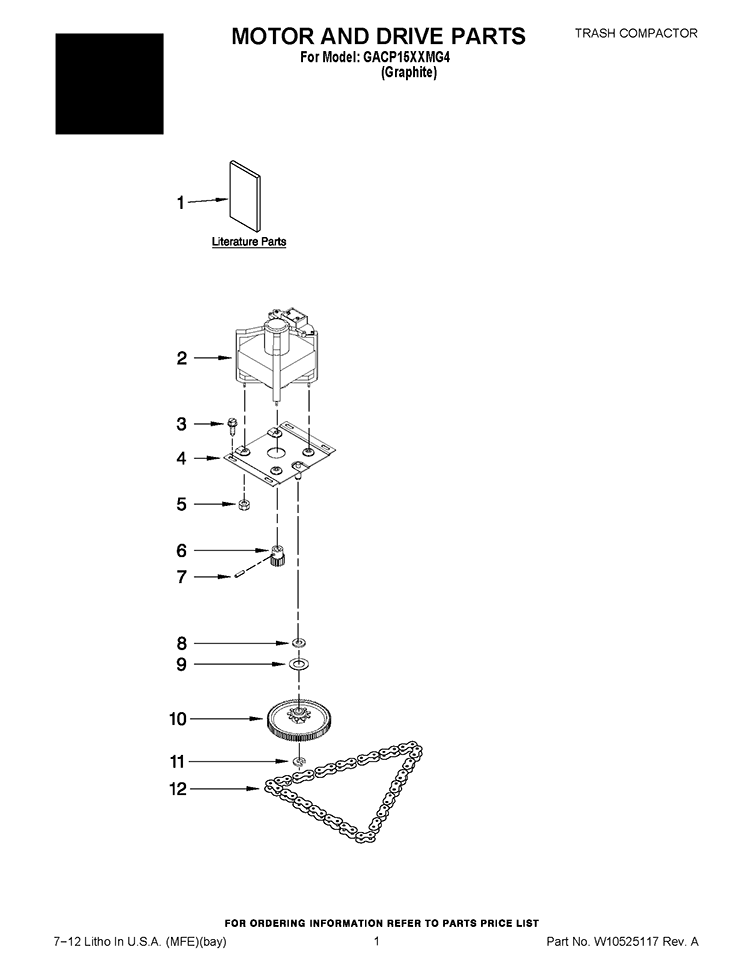 MOTOR AND DRIVE PARTS Diagram and Parts List for GACP15XXMG4  Whirlpool Trash Compactor
