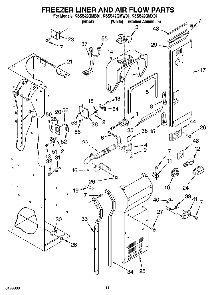 FREEZER LINER AND AIR FLOW PARTS Diagram and Parts List for KSSS42QMX01  KitchenAid Refrigerator