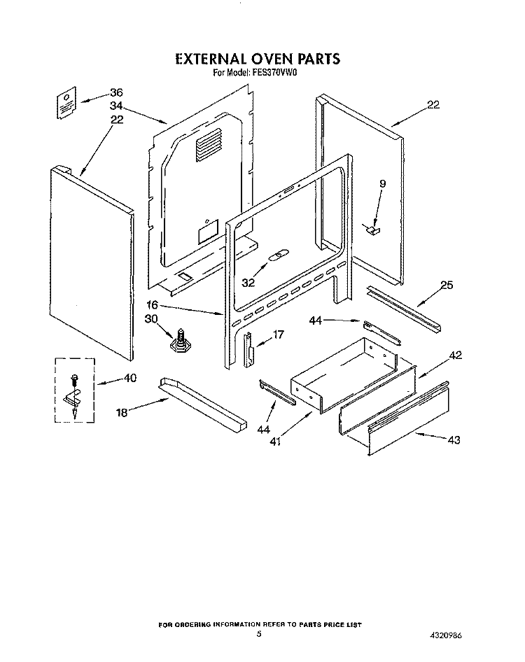 EXTERNAL OVEN Diagram and Parts List for FES370VX0  Whirlpool Range