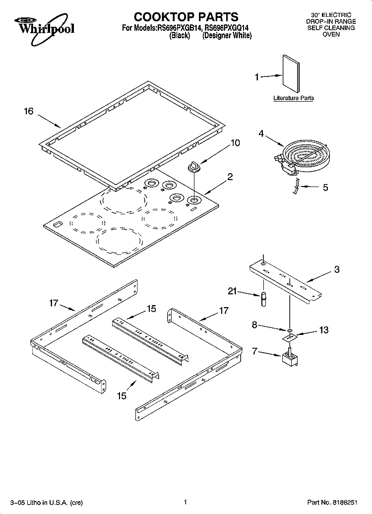 COOKTOP PARTS Diagram and Parts List for RS696PXGQ14  Whirlpool Range
