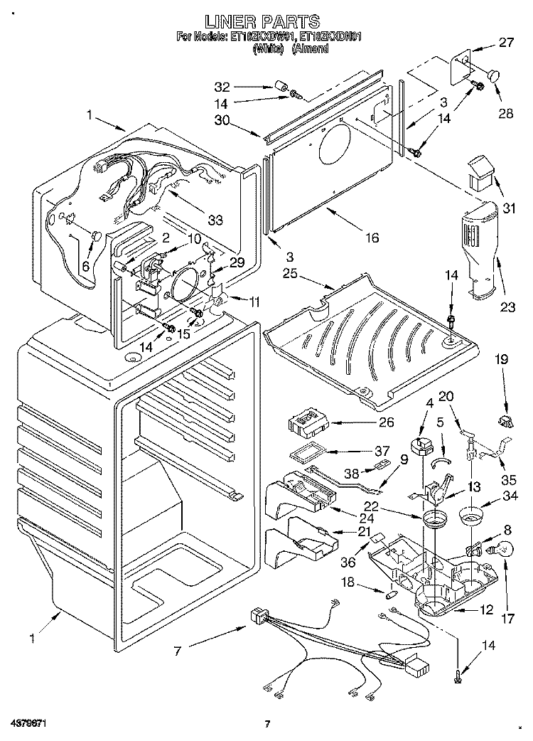 LINER Diagram and Parts List for ET18ZKXDW01  Whirlpool Refrigerator